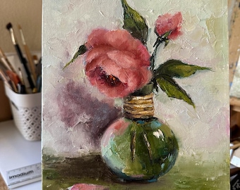 Peony Red Pink Flowers in vase original oil painting.