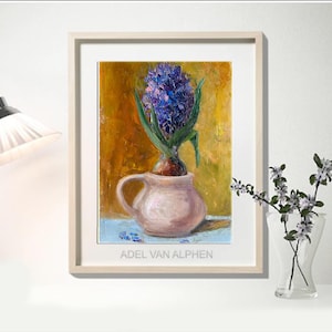 Jacinto em uma xícara, pintura a óleo sobre papelão com flores da primavera