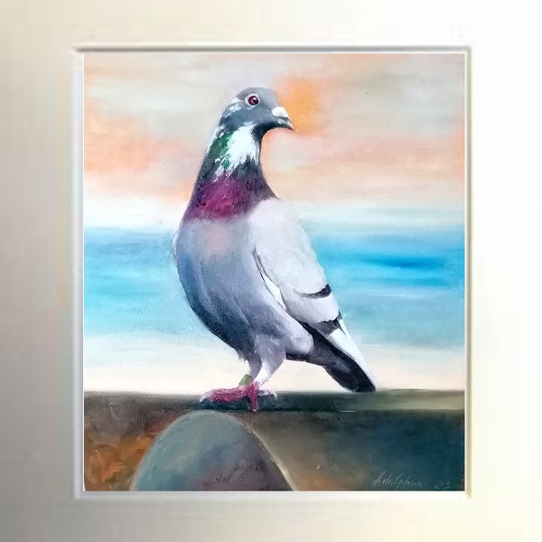 Blue Pigeon dove on the perch oil painting, handmade original painting