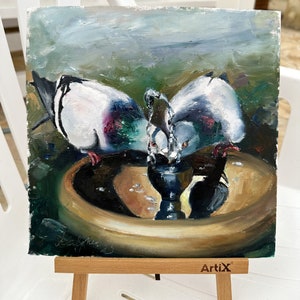 Piccioni uccelli pittura a olio. Arte olio originale su pannello di tela.