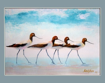 American Avocets Seabirds oil painting,turquoise colour,Original Art,Bird Wall Art