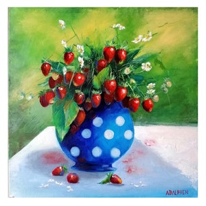 Fraise dans un vase bleu, peinture à l'huile, couleur ROUGE VERT BLEU, nature morte