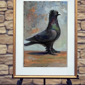 Pombos de trombeta, pássaro de show extravagante, pombo doméstico ORNAMENTAL, pintura a óleo de pombo, pintura original feita à mão