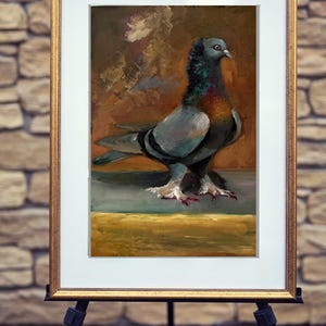 Pombos de trombeta, pássaro de show extravagante, pombo doméstico ORNAMENTAL, pintura a óleo de pombo, pintura original feita à mão