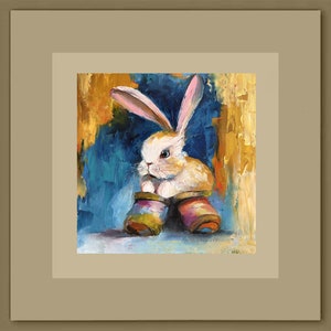 Easter white bunny rabbit in clogs oil painting.