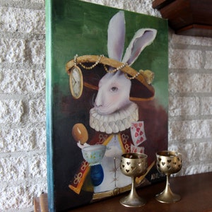 Arte del conejo blanco, arte animal de la habitación de los niños, pintura al óleo de hadas animales