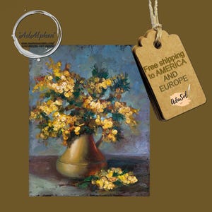 Mimosa yellow flowers oil painting, vase with flowers, impasto, original oil painting,canvas art