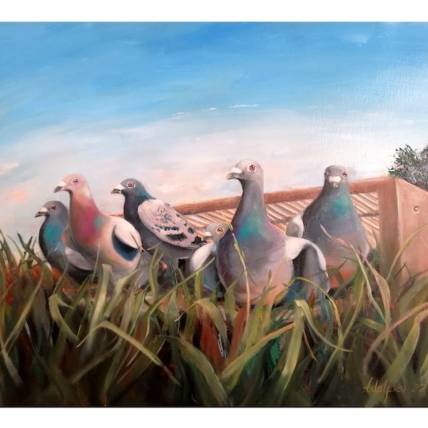 Entraînement de pigeons peinture à l'huile, peinture à l'huile originale sur toile d'oiseaux.
