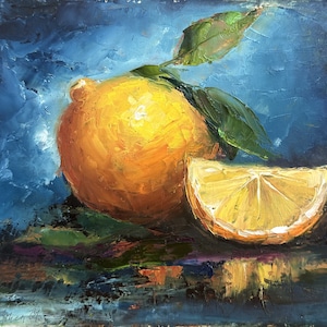 Limone con fetta, dipinto a olio di frutta, cibo da cucina, natura morta.