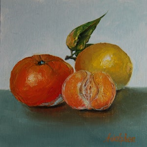 Mandarin lemon tangerine slices oil painting, Still life