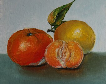 Peinture à l'huile de tranches de mandarine de citron mandarin, nature morte