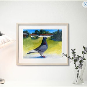 Blue pigeon dove bird, dovecote, pigeonloft oil painting,  handmade, original painting