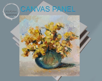 Mimosa Flowers Oil Painting: Impasto Canvas Art (10x10)