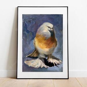 Pombos trompete, pássaro de exposição extravagante, pombo decorativo para casa, pintura a óleo, pintura original feita à mão.