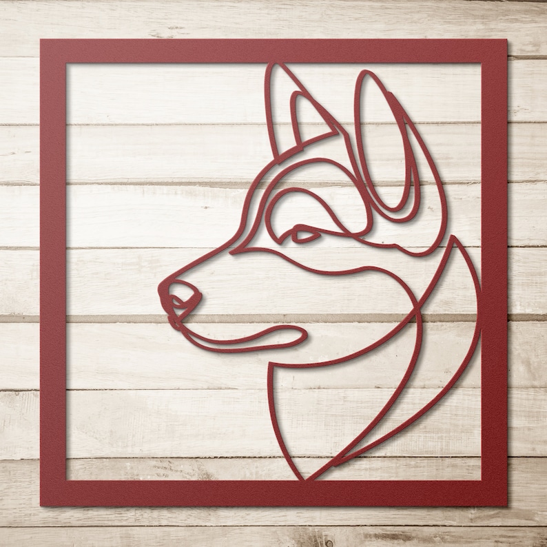 Pode incluir: Uma moldura vermelha com um desenho de linha da cabe&ccedil;a de um c&atilde;o de perfil. O c&atilde;o tem um focinho longo e orelhas ca&iacute;das.