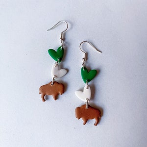 Marshall University; kelly green and white, bison, buffalo, mascot, Thundering Herd, Huntington, handmade polymer clay earrings
