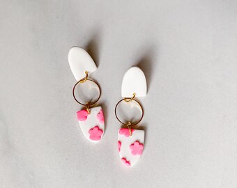 Hot pink flowers, polymer clay earrings, gold circle accent, white clay dangle