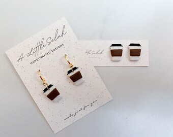 Coffee lover earrings; to go cup, handmade polymer clay studs and lever backs