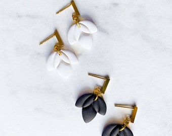 Kensington; lotus flower, white and black, dainty, drop, polymer clay earrings, silver and gold bar