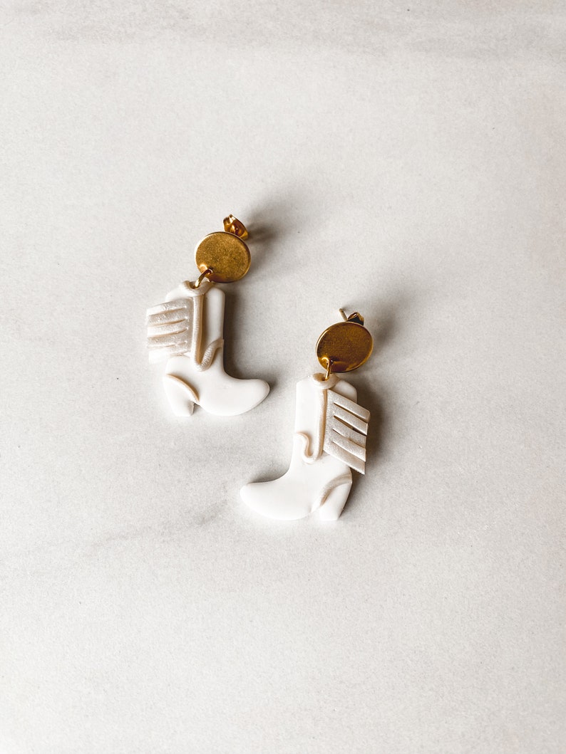 Cowboy boots Nashville bachelorette white, silver, and gold fringe, handmade polymer clay earrings nickel free and hypoallergenic image 7
