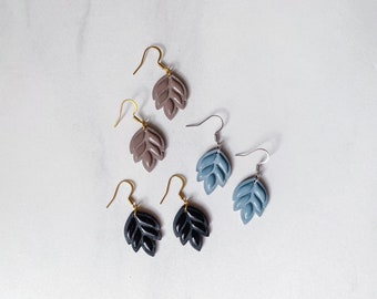 Leaf drop earrings, polymer clay dangles, blue, brown, black, with uv resin and hypoallergenic