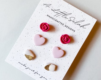 Pink roses polymer clay earrings stud set, Valentine polymer clay studs, pink hearts, white clay earrings