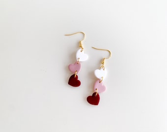 White and pink hearts, stacked heart dangles, Valentine's Day, handmade polymer clay, dangle earrings, nickel free