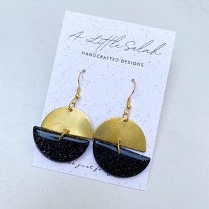 Christina minimalist, elegant, black and gold with glitter, handmade polymer clay dangle earrings image 2