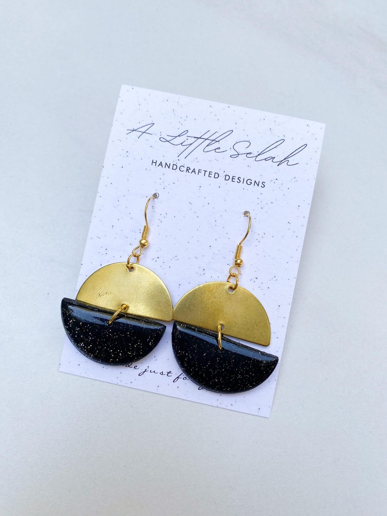 Christina minimalist, elegant, black and gold with glitter, handmade polymer clay dangle earrings image 2