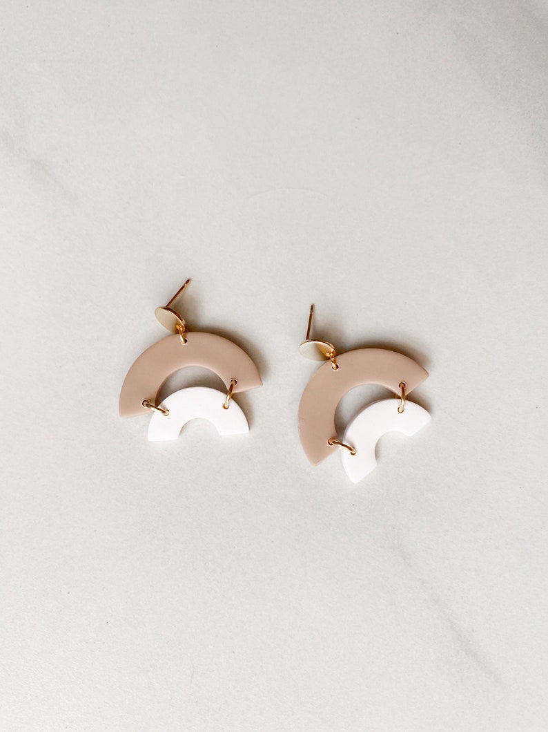 Double arch clay earrings tan and white dangles, double rainbow earring, neutral minimalist jewelry image 2