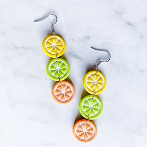 Citrus clay earrings; lemon, lime, orange slices, citrus garland dangles, handmade from polymer clay