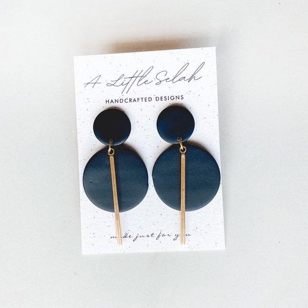 Black and gold clay earrings, statement dangles with gold bar, handmade polymer clay