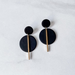 Katarina, Black Polymer Clay Dangle Earrings: Gold Bar Statement Jewelry