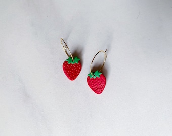 Strawberry hoop polymer clay earrings; handmade polymer clay dangles