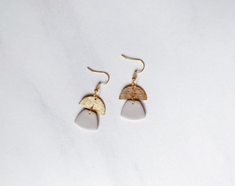 Taupe and gold polymer clay earrings, hypoallergenic, dainty, minimalist dangle clay earrings