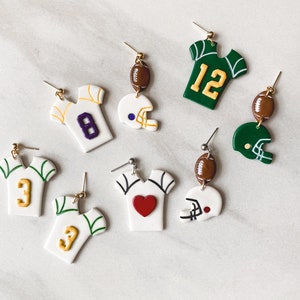 Football jersey earrings; personalized number, handmade polymer clay, football helmet, dangles
