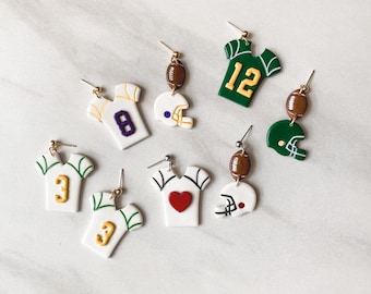 Football jersey earrings; personalized number, handmade polymer clay, football helmet, dangles