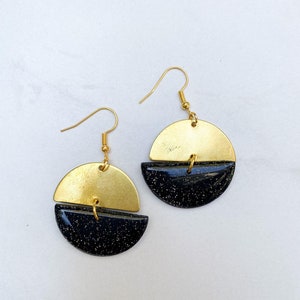 Christina minimalist, elegant, black and gold with glitter, handmade polymer clay dangle earrings image 1