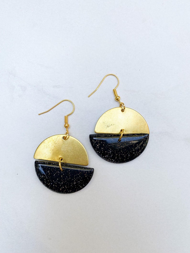 Christina minimalist, elegant, black and gold with glitter, handmade polymer clay dangle earrings image 1