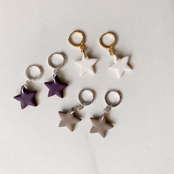 Dainty star clay lever back earrings; deep plum, cream, and stone brown, simple dangles