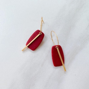 Amelia; dainty, elegant, 25mm gold hoop and red clay earrings, handmade polymer clay dangles with gold bar
