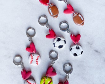 Softball, football, baseball, soccer clay earrings; small lever back dangles for sport moms and lovers