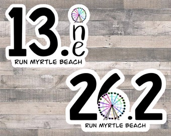 Run Myrtle Beach; maratón, media maratón, pegatina, calcomanía de vinilo, impermeable para coche, botella de agua, ordenador portátil, ordenador, maratonista, correr