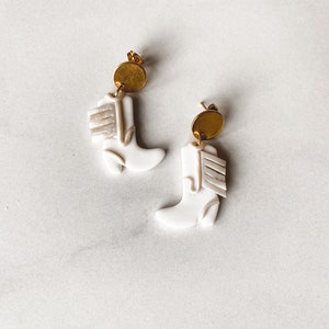 Cowboy boots Nashville bachelorette white, silver, and gold fringe, handmade polymer clay earrings nickel free and hypoallergenic White
