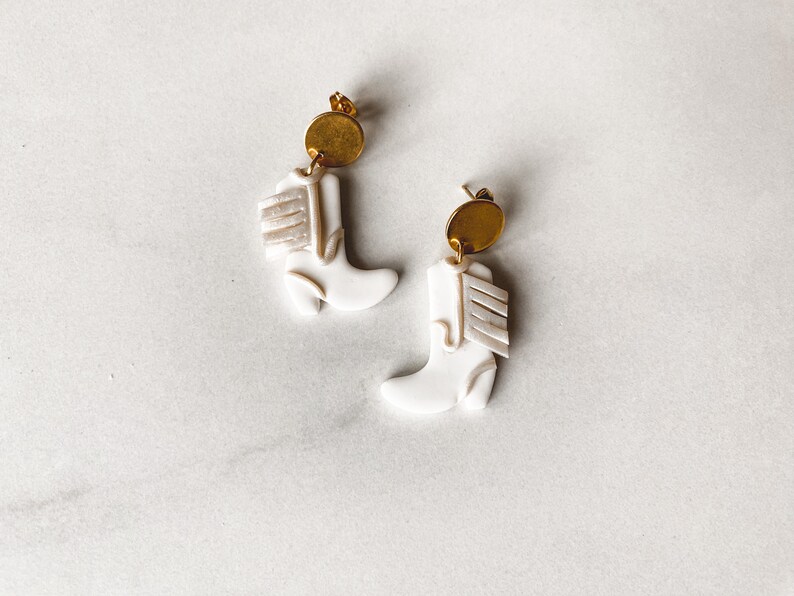 Cowboy boots Nashville bachelorette white, silver, and gold fringe, handmade polymer clay earrings nickel free and hypoallergenic White