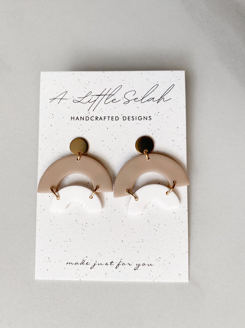 Double arch clay earrings tan and white dangles, double rainbow earring, neutral minimalist jewelry image 3