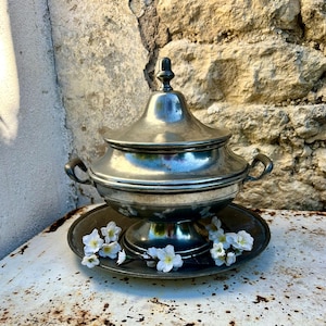 Antique French Pewter Tureen: Polished 1920s Centerpiece