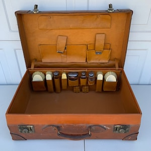 Antique Leather Gentlemans Travel Suitcase with Silver Topped Bottles