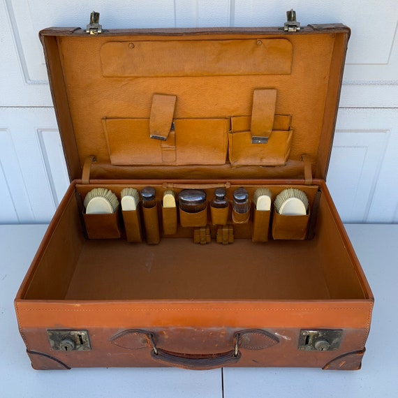 Antique Leather Gentlemans Travel Suitcase with Si