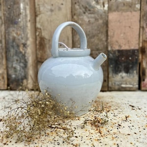 May include: A light blue ceramic teapot with a rounded body, a curved handle, and a small spout. The teapot is glazed and has a matte finish. Dried flowers are in the foreground. The background is a weathered wooden surface.